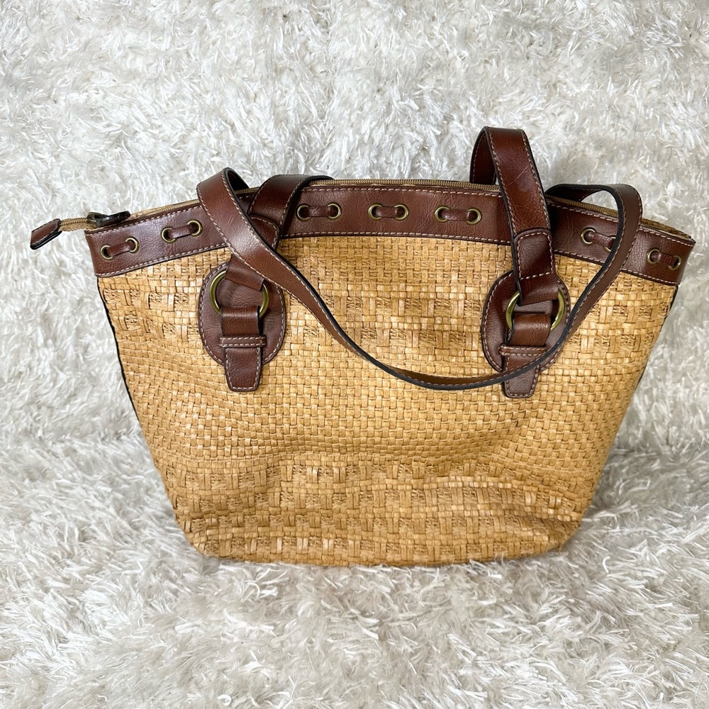 Fossil Woven Tan Straw Brown Leather Trim Tote Shoulder Bag - NWOT - Picture 2 of 7